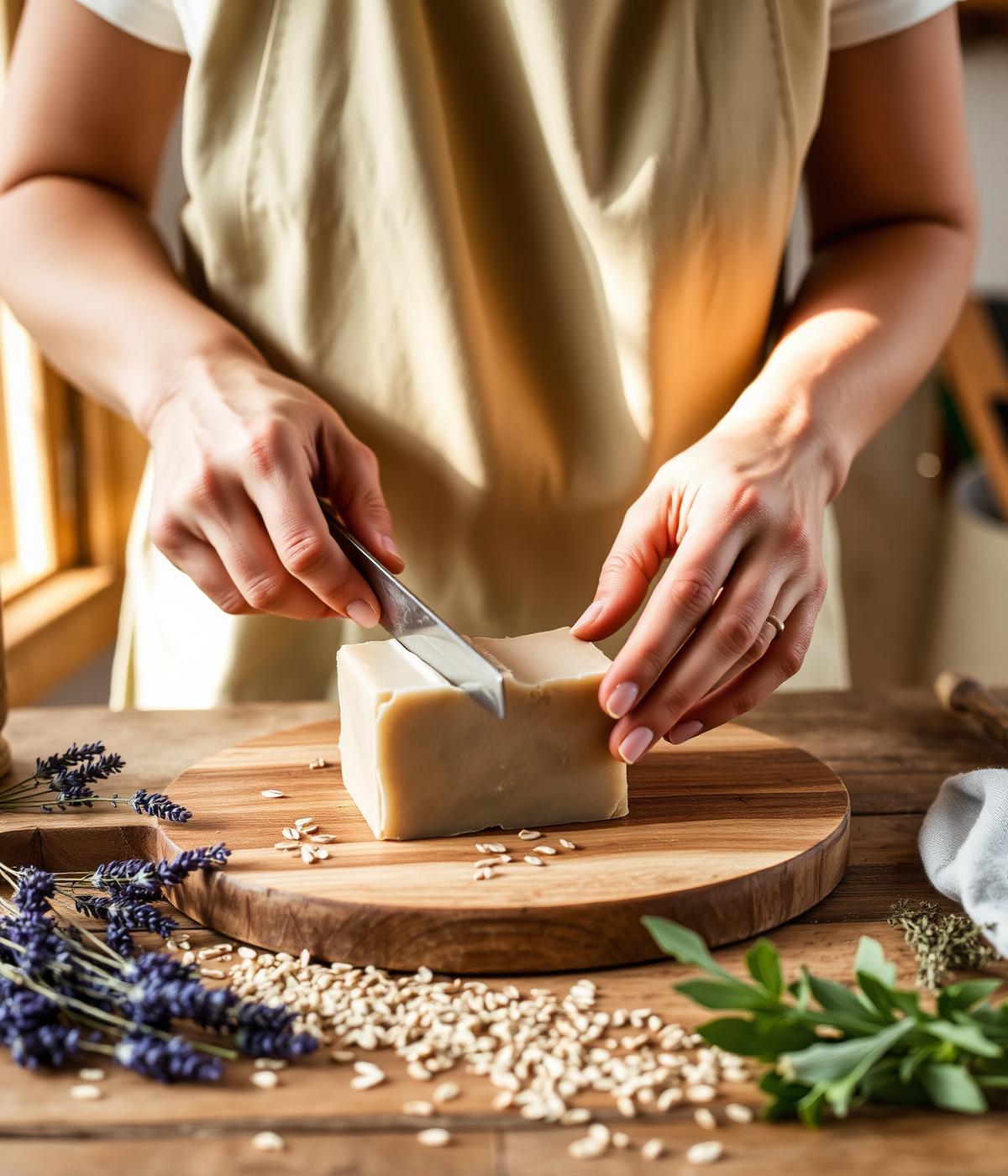 Hands crafting a bar of natural soap with lavender and oats